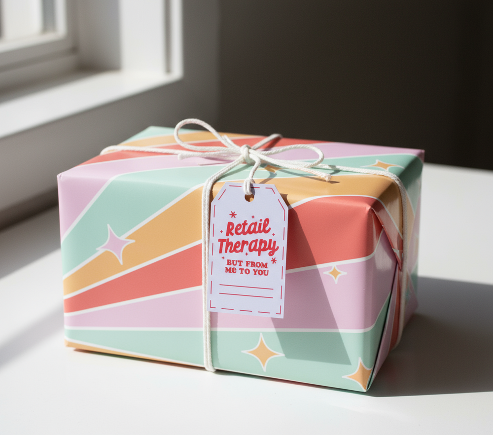 Gift box with colorful pattern and 'Retail Therapy' tag on a light surface.