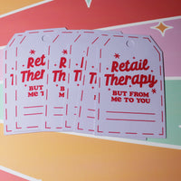 Load image into Gallery viewer, Two 'Retail Therapy' gift cards on a colorful background
