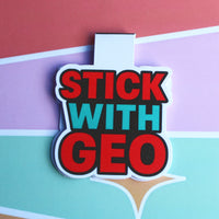 Load image into Gallery viewer, Magnetic Bookmark with 'Stick With Geo' text on a colourful striped background
