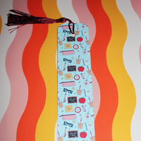 Load image into Gallery viewer, Decorative bookmark with school-themed illustrations on a colorful wavy background
