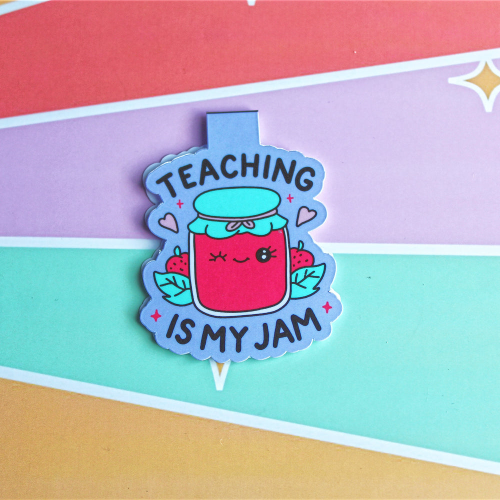 Bookmark with 'Teaching is my jam' text on a colourful striped background