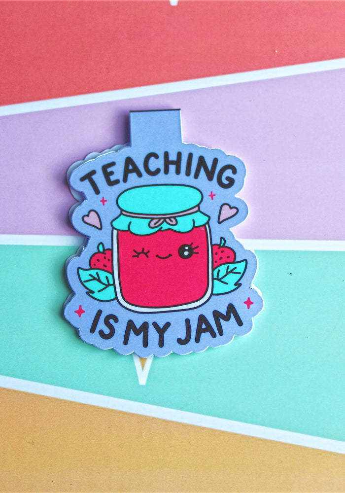 Bookmark with 'Teaching is my jam' text on a colourful striped background