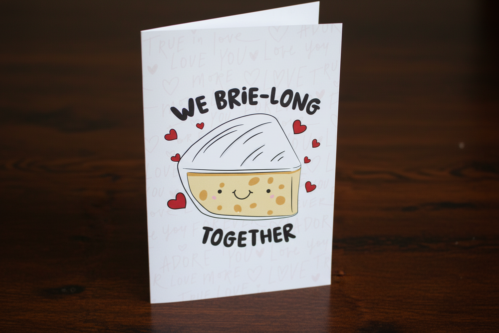 Greeting card with a cartoon cheese ball and text 'We brie-long together' on a wooden surface.