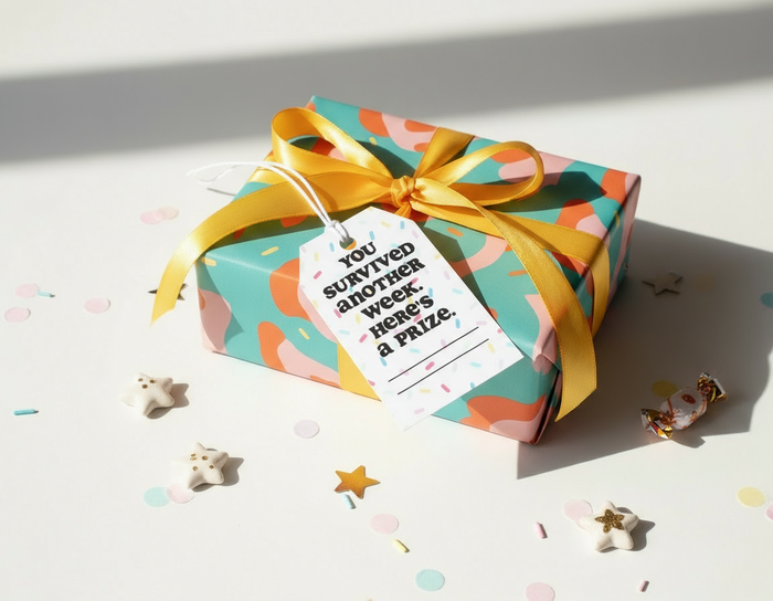 Colorful gift box with a yellow ribbon and a tag on a light background