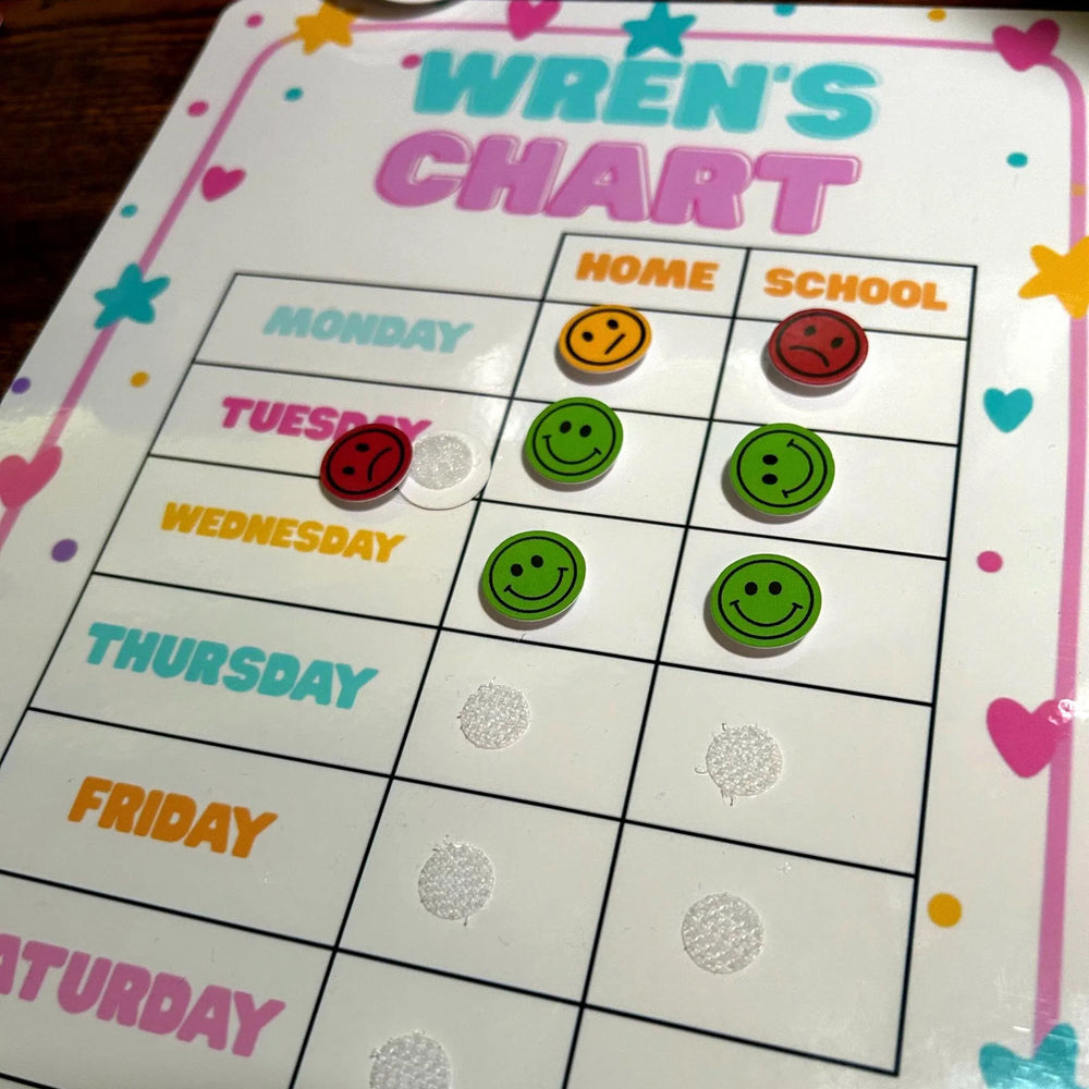 Children's behaviour chart titled 'Wren's Chart' with colourful stickers on a wooden surface.