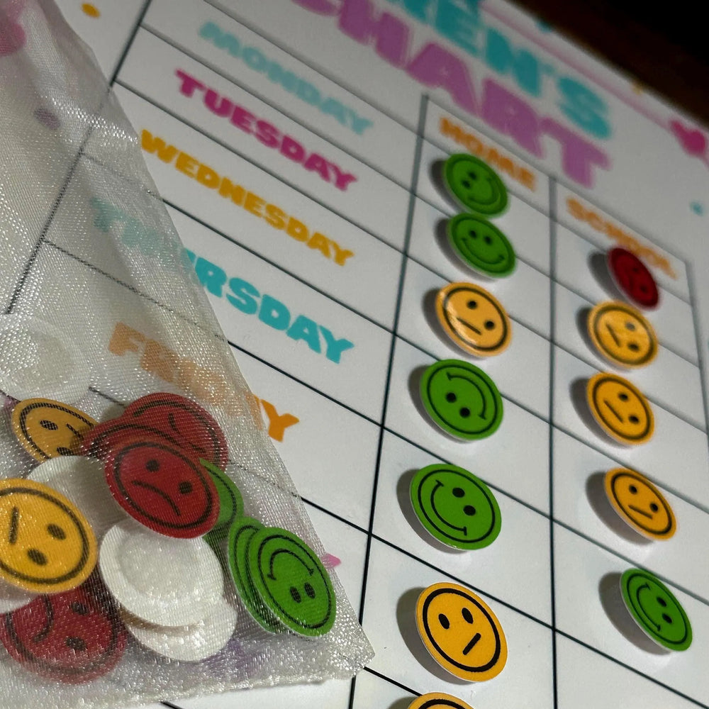Colorful smiley face stickers on a chart with days of the week