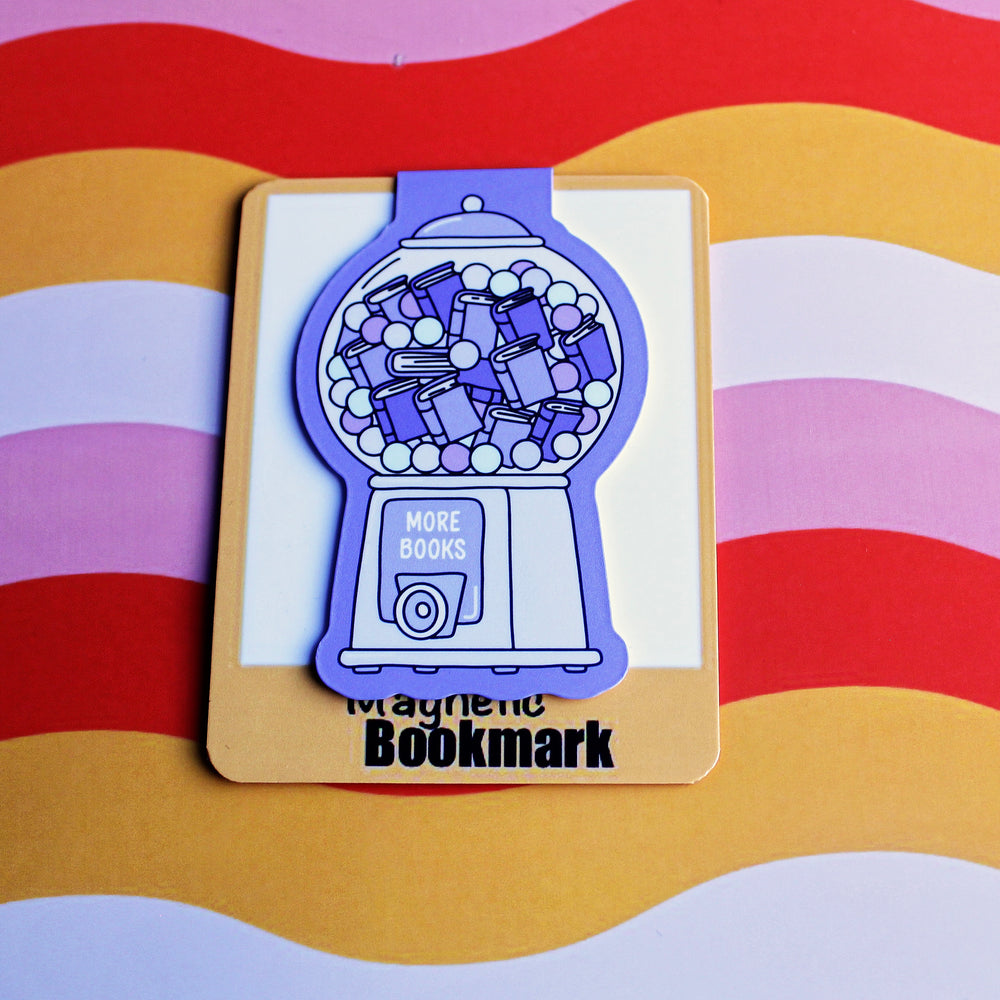 Bookmark with gum ball machine design on a colourful striped background