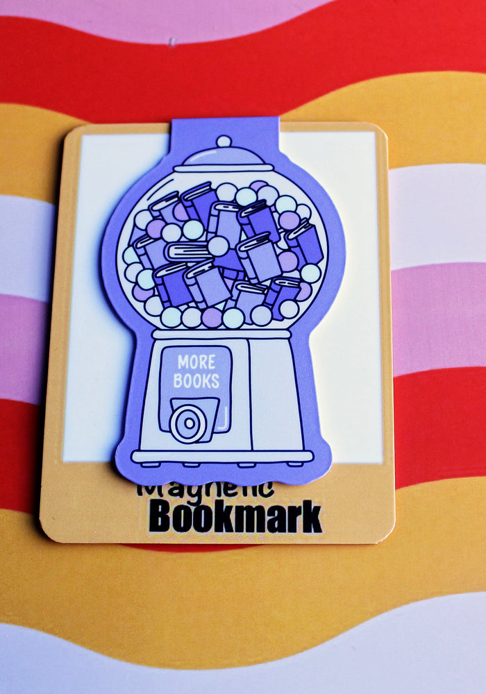 Bookmark with gum ball machine design on a colourful striped background