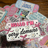 Load image into Gallery viewer, Hello I’m Very Demure Sticker | Cute Bow Aesthetic Sticker | Feminine Coquette Name Tag | Gloss Vinyl | Stick With Geo

