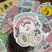 Load image into Gallery viewer, Audiobook Girlie Sticker | Book Lover Aesthetic | Cute Coquette Vinyl Sticker | Gloss Finish | Stick With Geo
