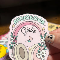 Load image into Gallery viewer, Audiobook Girlie Sticker | Book Lover Aesthetic | Cute Coquette Vinyl Sticker | Gloss Finish | Stick With Geo
