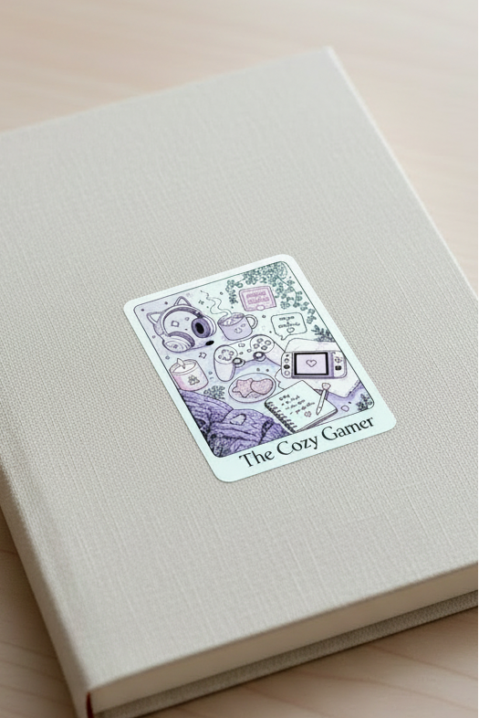 A beige hardcover book or notebook lying on a light wood tabletop, with a decorative sticker on the cover that reads 'The Cozy Gamer' and features pastel gaming-themed illustrations.