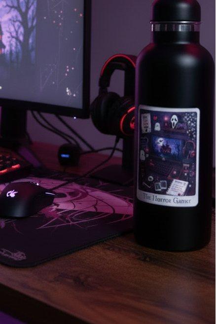 A matte black insulated water bottle with a custom graphic label reading 'The Harlot Gamer' sits on a wooden desk next to a computer mouse, mouse pad, and headphones in a dimly lit gaming setup.