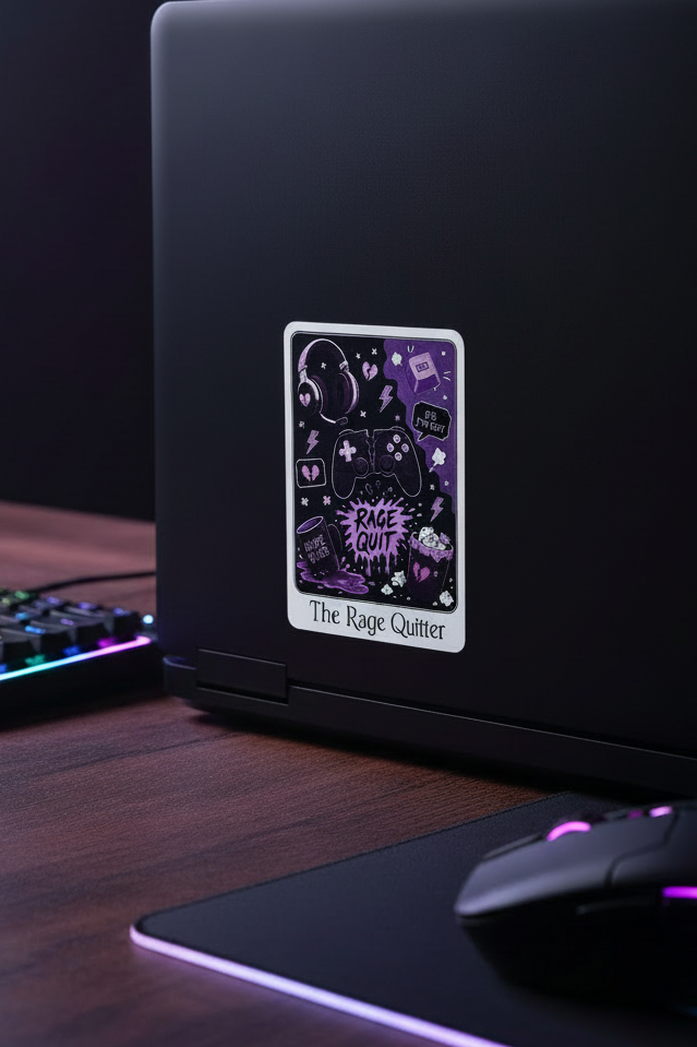 A rectangular desk sticker featuring a tarot card design labeled 'The Rage Quitter' is shown on the back of a black laptop. The scene is set on a wooden desk with a gaming keyboard, mouse, and mousepad under soft, ambient lighting.