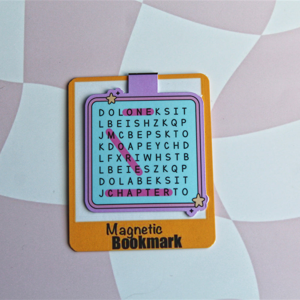 Magnetic bookmark with word puzzle design on a checkered background