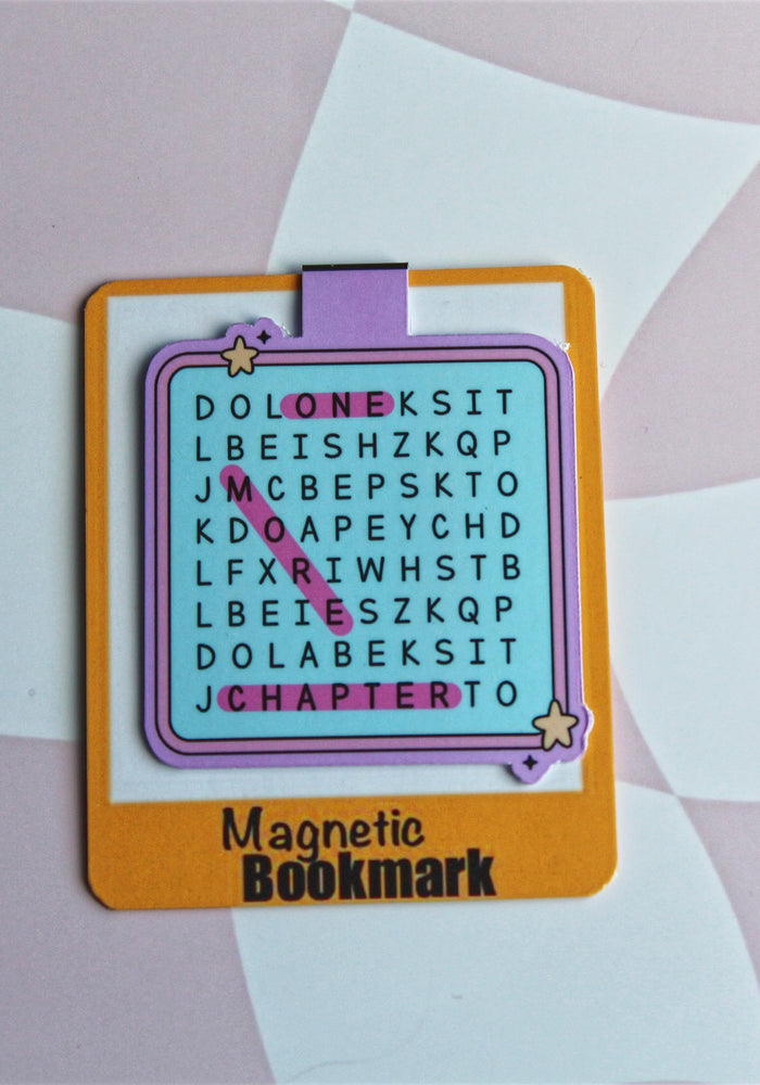 Magnetic bookmark with word puzzle design on a checkered background