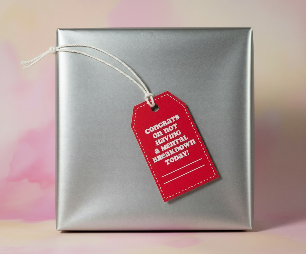 Silver gift box with a red tag on a blurred background