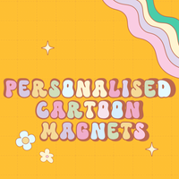 Load image into Gallery viewer, Promotional graphic for personalised cartoon magnets with a colourful background
