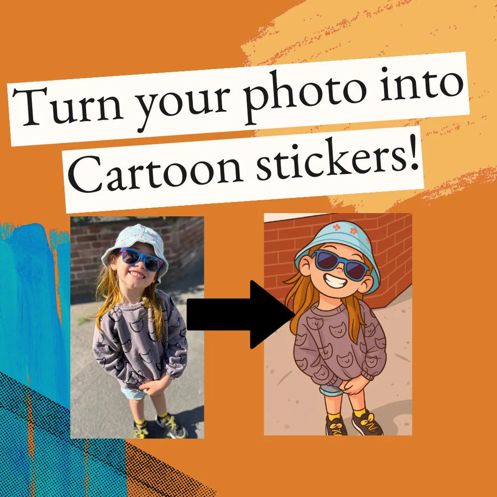 Cartoon version of a child with sunglasses and a cap on an orange background with text 'Turn your photo into Cartoon stickers!'.