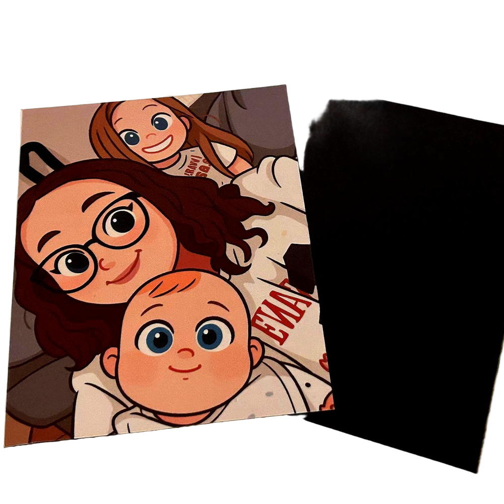 Cartoon-style portrait of a woman and child with a black Back of a Fridge magnet on a white background
